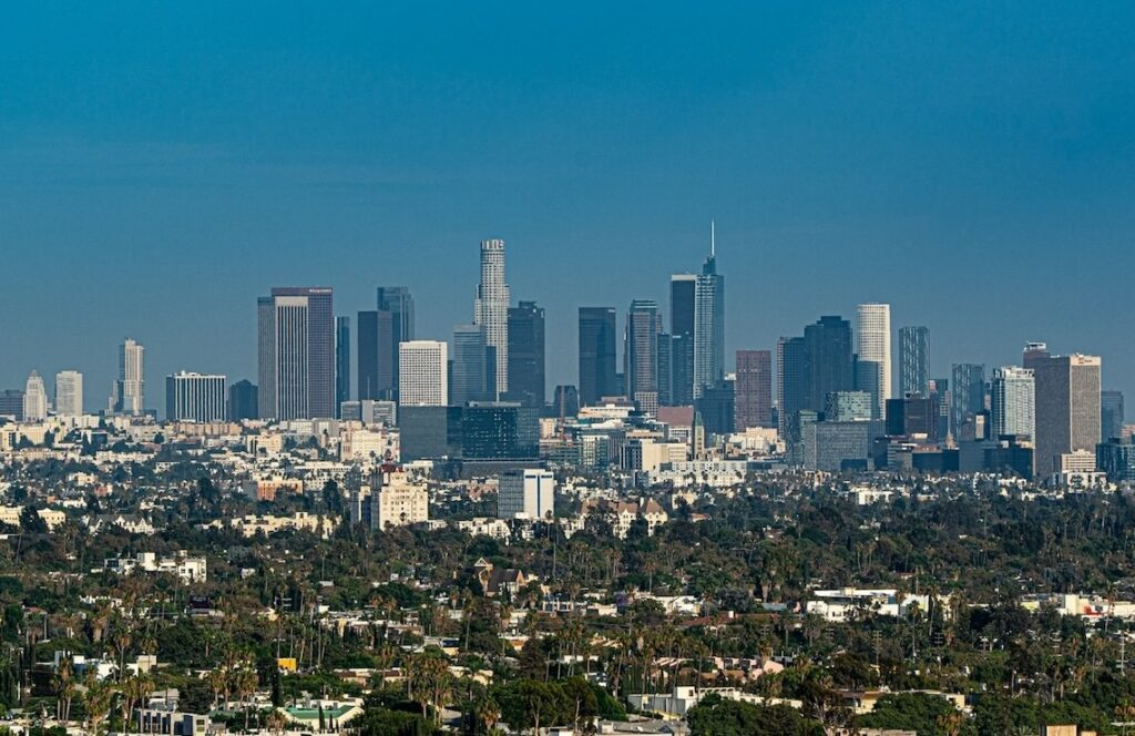 View of downtown Los Angeles under clear blue skies